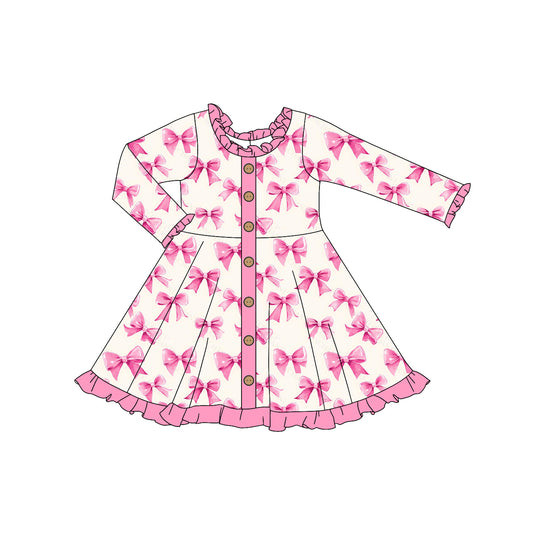 (Pre-order)GLD0936 Pink Bows Print Girls Fall Knee Length Dress