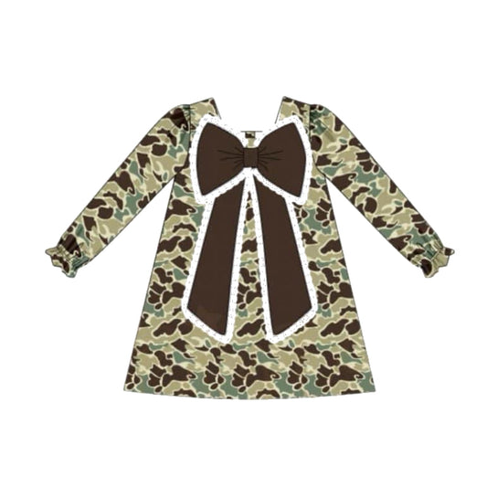 (Pre-order)GLD0938 Camo Print Girls Big Bow Knee Length Dress