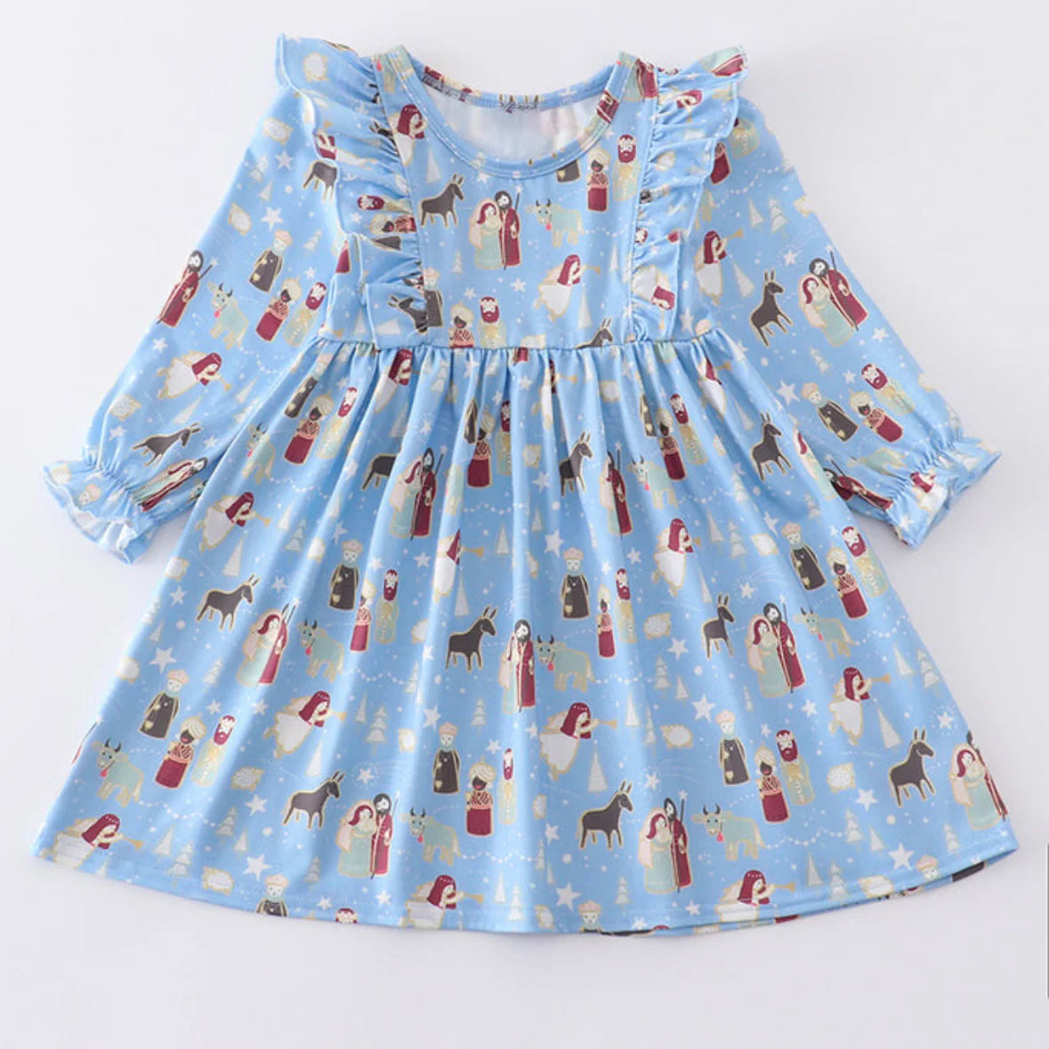 (Pre-order)GLD0940 Nativity Blue Print Girls Christmas Knee Length Dress