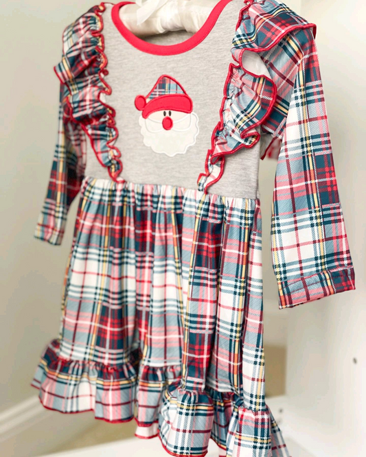 (Pre-order)GLD0943 Santa Plaid Print Girls Christmas Knee Length Dress