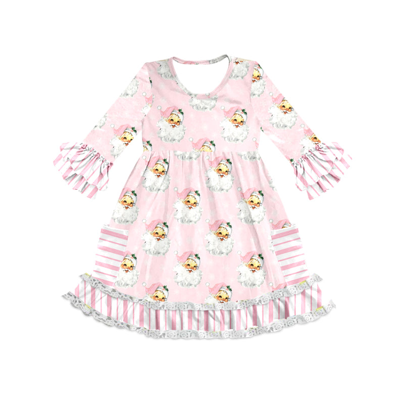 (Pre-order)GLD0945 Santa Pink Stripes Print Girls Christmas Knee Length Dress