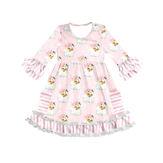 (Pre-order)GLD0945 Santa Pink Stripes Print Girls Christmas Knee Length Dress