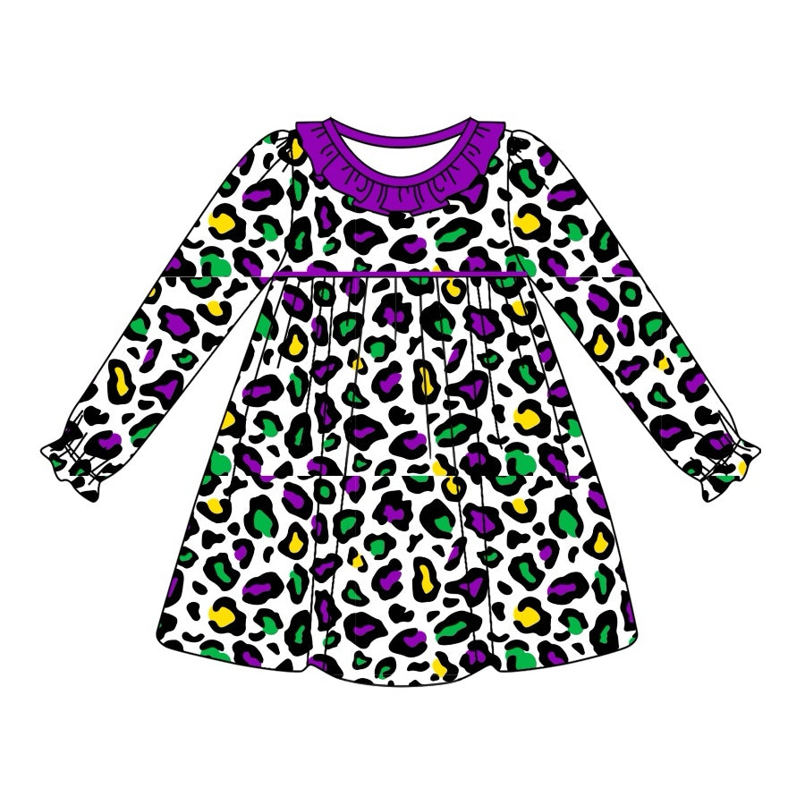 (Pre-order)GLD0949 Leopard Print Girls Mardi Gras Knee Length Dress