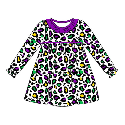 (Pre-order)GLD0949 Leopard Print Girls Mardi Gras Knee Length Dress