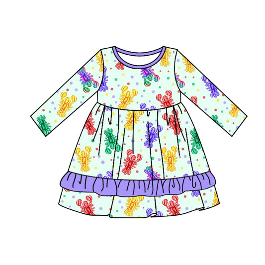 (Pre-order)GLD0951 Colorful Crayfish Print Girls Mardi Gras Knee Length Dress