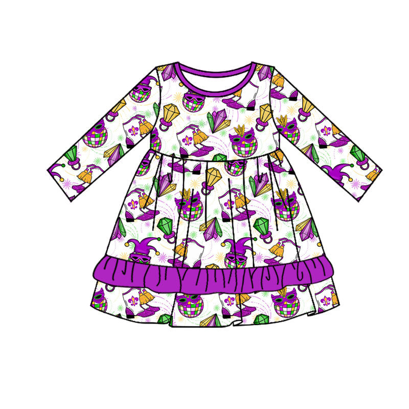 (Pre-order)GLD0952 Mask Boots Print Girls Mardi Gras Knee Length Dress