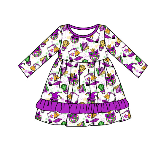(Pre-order)GLD0952 Mask Boots Print Girls Mardi Gras Knee Length Dress