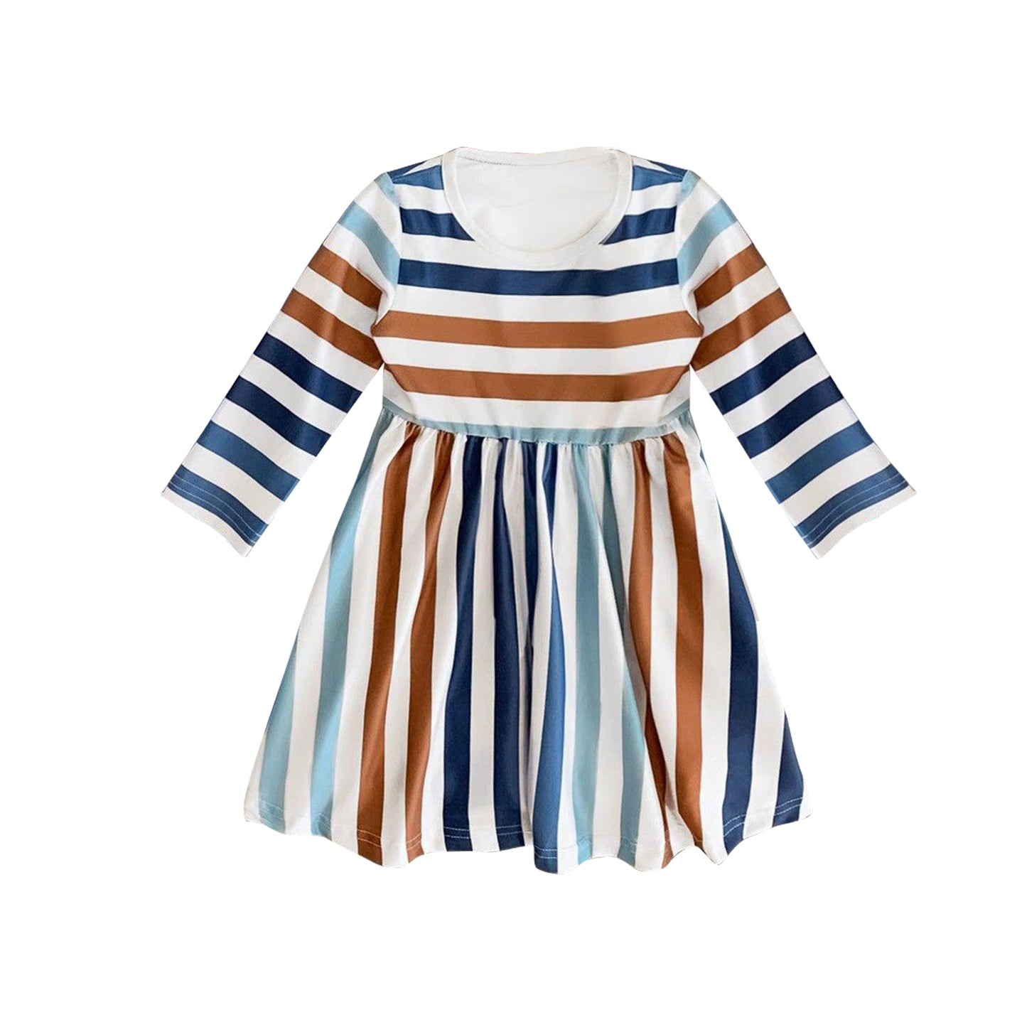 (Pre-order)GLD0955 Brown Blue Stripes Print Girls Fall Knee Length Dress