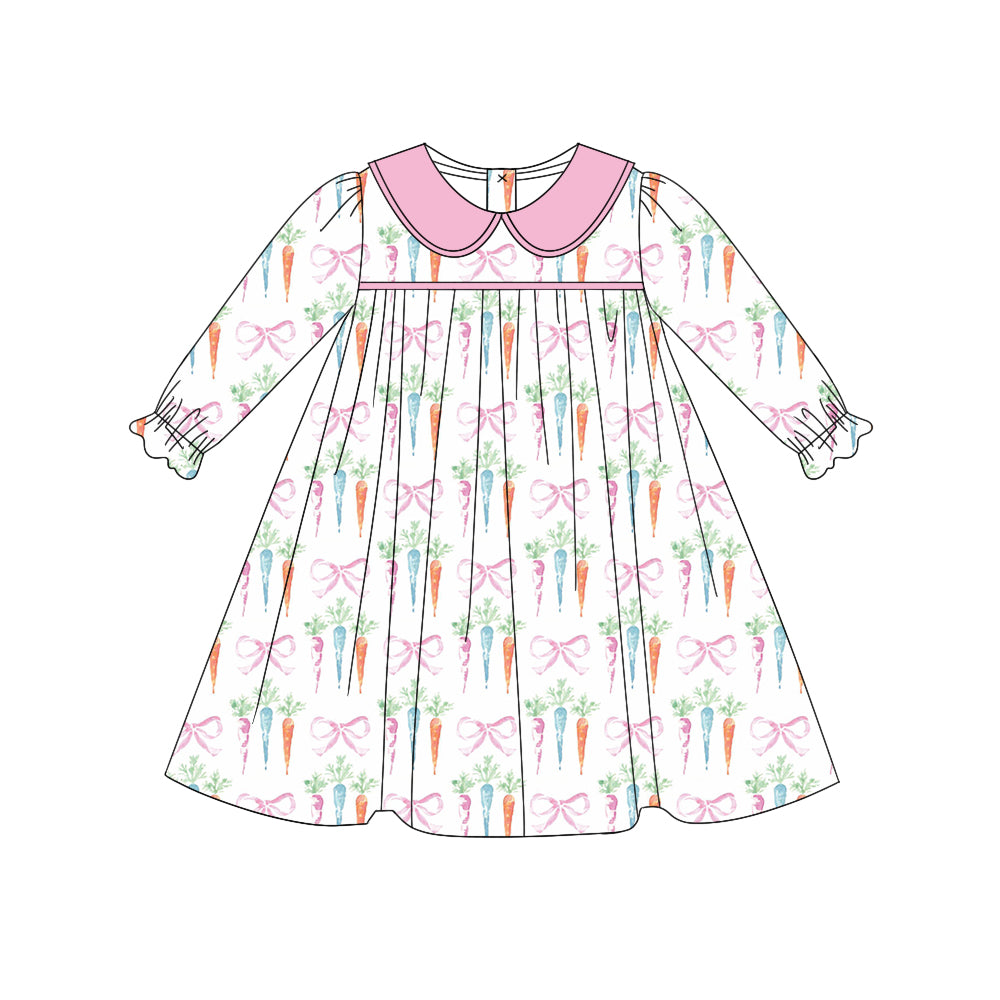 (Pre-order)GLD0956 Carrot Bows Print Girls Easter Knee Length Dress