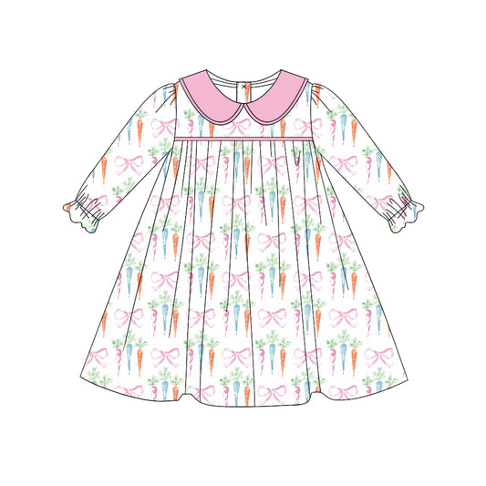 (Pre-order)GLD0956 Carrot Bows Print Girls Easter Knee Length Dress