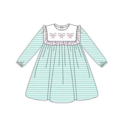 (Pre-order)GLD0958 Bows Green Stripes Print Girls Fall Knee Length Dress