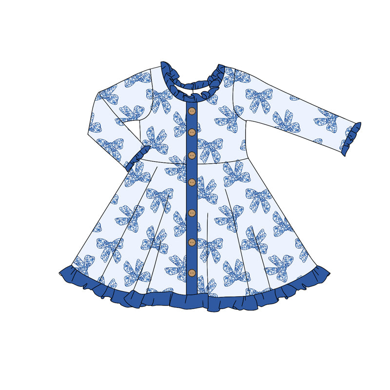 (Pre-order)GLD0961 Blue Flowers Bows Print Girls Knee Length Dress