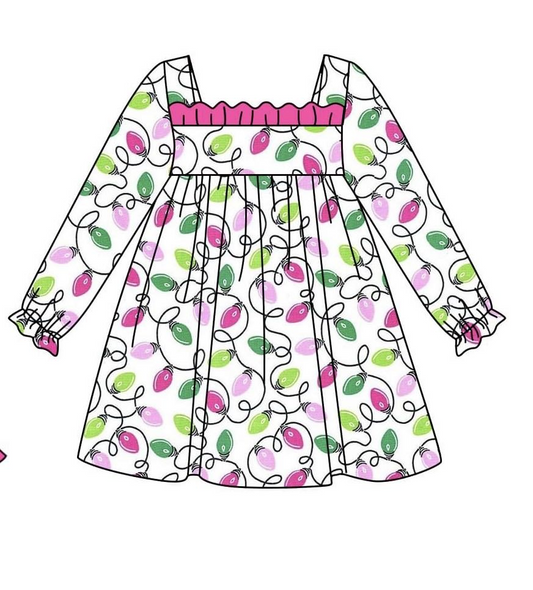 (Pre-order)GLD0963 Colorful Lights Print Girls Christmas Knee Length Dress