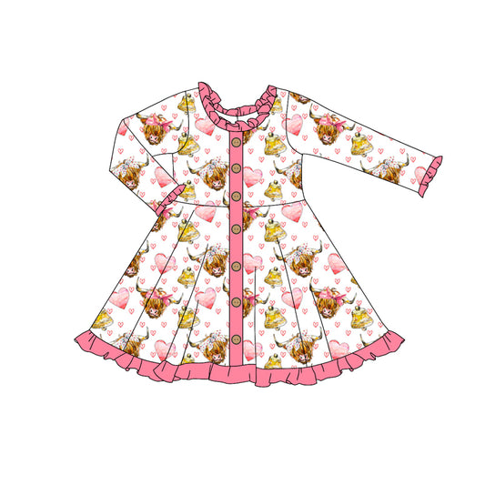(Pre-order)GLD0964 Highland Cow Heart Print Girls Valentine's Day Knee Length Dress