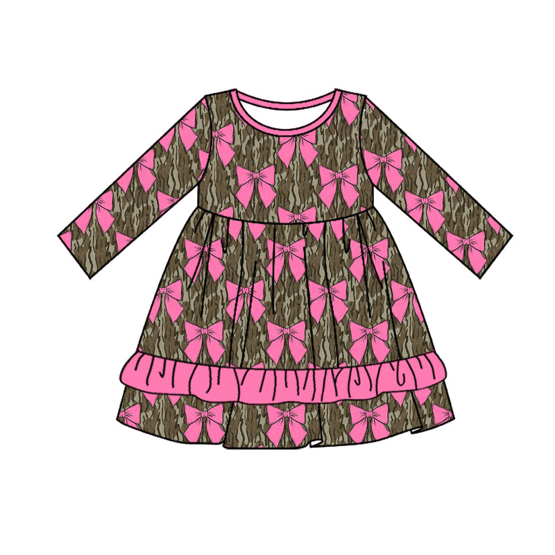 (Pre-order)GLD0968 Pink Bows Camo Print Girls Knee Length Dress