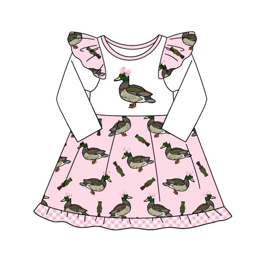 (Pre-order)GLD0969 Duck Pink Print Girls Knee Length Dress