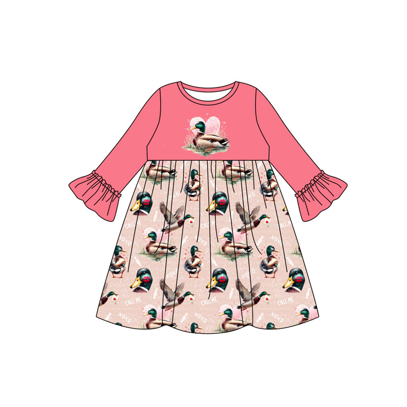(Pre-order)GLD0971 Duck Heart Call Me XOXO Print Girls Valentine's Day Knee Length Dress