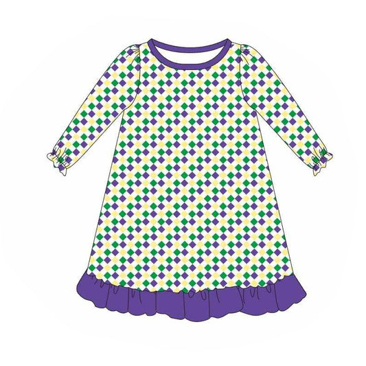 (Pre-order)GLD0977 Purple Yellow Green Plaid Print Girls Mardi Gras Knee Length Dress