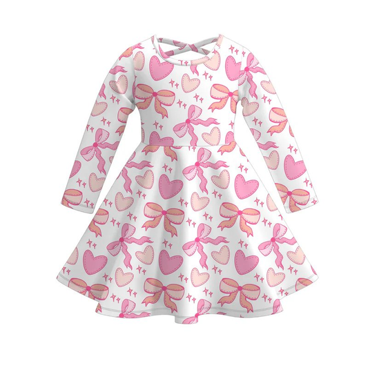 (Pre-order)GLD0979 Heart Bows Pink Print Girls Valentine's Day Knee Length Dress