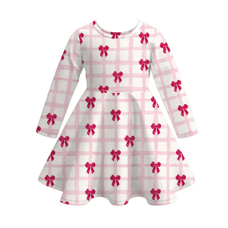 (Pre-order)GLD0980 Bows Pink Plaid Print Girls Valentine's Day Knee Length Dress