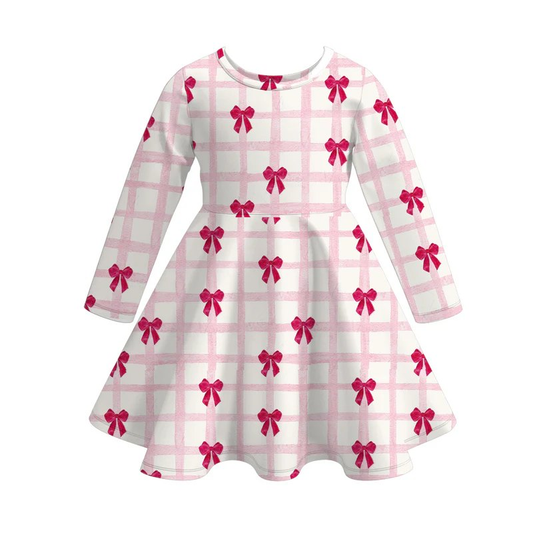 (Pre-order)GLD0980 Bows Pink Plaid Print Girls Valentine's Day Knee Length Dress