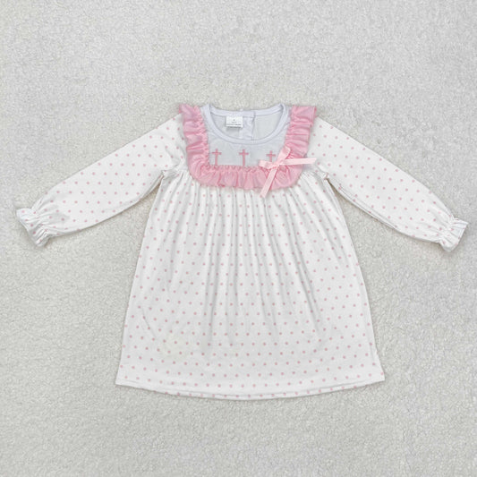 GLD0981 Cross Embroidery Pink Dots Print Girls Easter Knee Length Dress