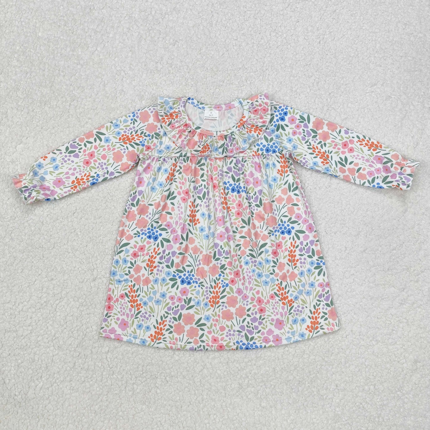 GLD0982 Colorful Flowers Print Girls Long Sleeve Spring Knee Length Dress