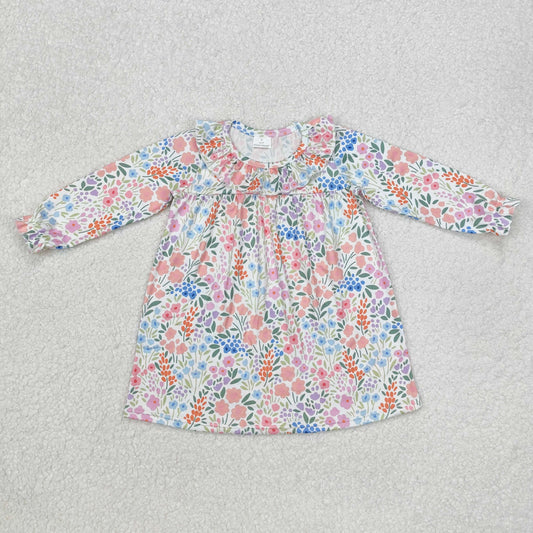 GLD0982 Colorful Flowers Print Girls Long Sleeve Spring Knee Length Dress