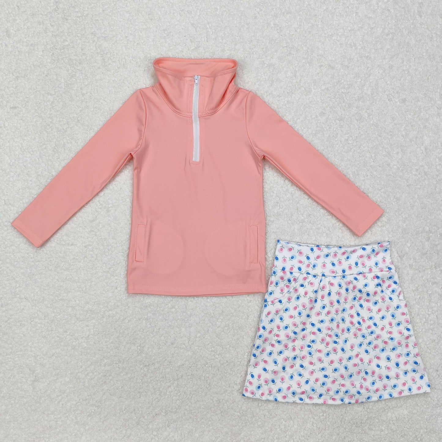 GLD0984 Pink Zipper Top Flowers Skirts Shorts Girls Athletic Clothes Set