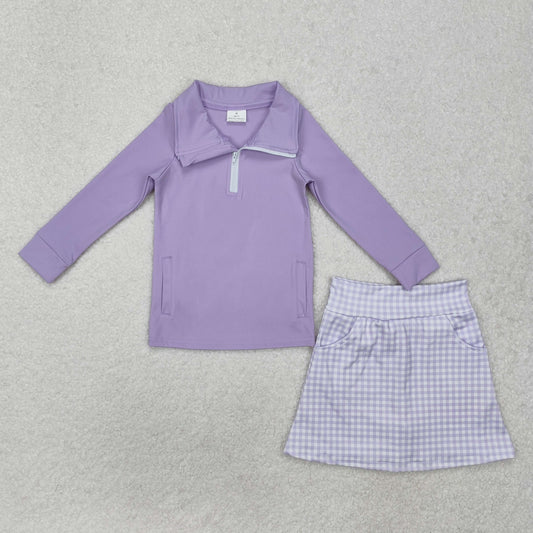 GLD0985 Purple Long Sleeve Zipper Top Plaid Skirts Shorts Girls Athletic Clothes Set