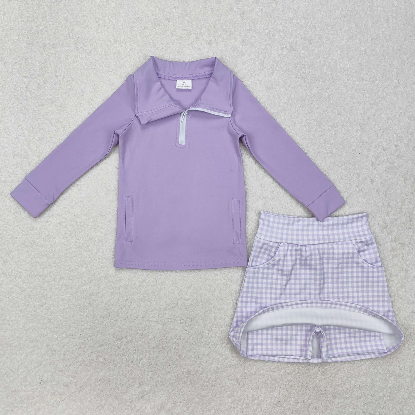 GLD0985 Purple Long Sleeve Zipper Top Plaid Skirts Shorts Girls Athletic Clothes Set