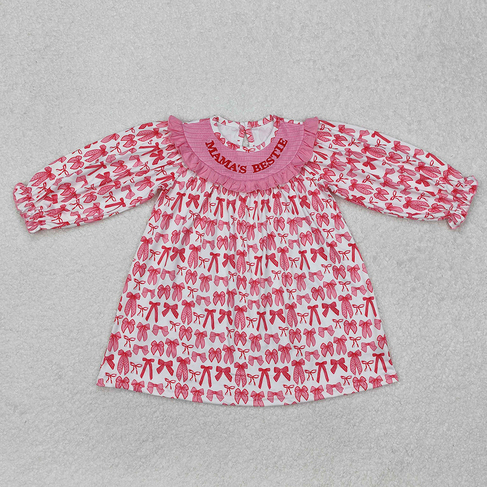 MAMA'S BESTIE Embroidery Pink Bows Print Sisters Summer Matching Smocked Clothes