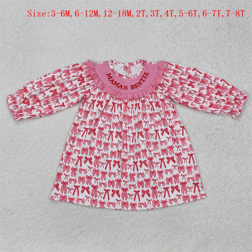 MAMA'S BESTIE Embroidery Pink Bows Print Sisters Summer Matching Smocked Clothes