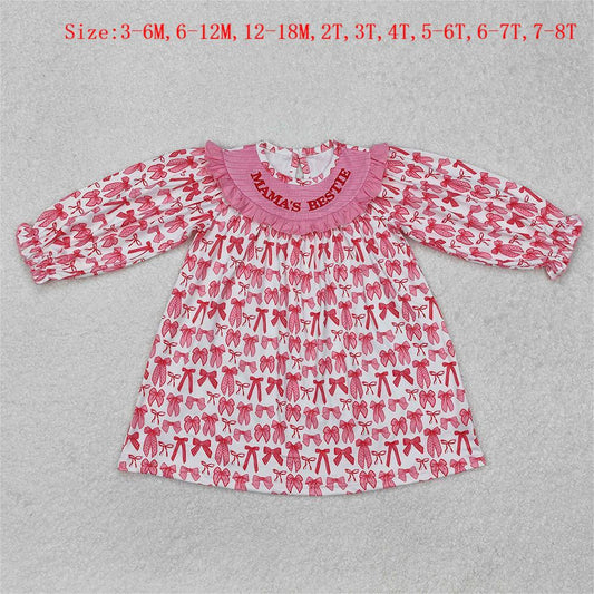 GLD0990 MAMA'S BESTIE Embroidery Pink Bows Print Smocked Girls Long Sleeve Knee Length Dress