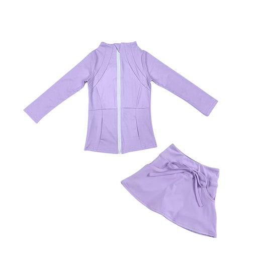 (Pre-order)GLD0993 Purple Color Zipper Top Skirts Girls Athletic Clothes Set