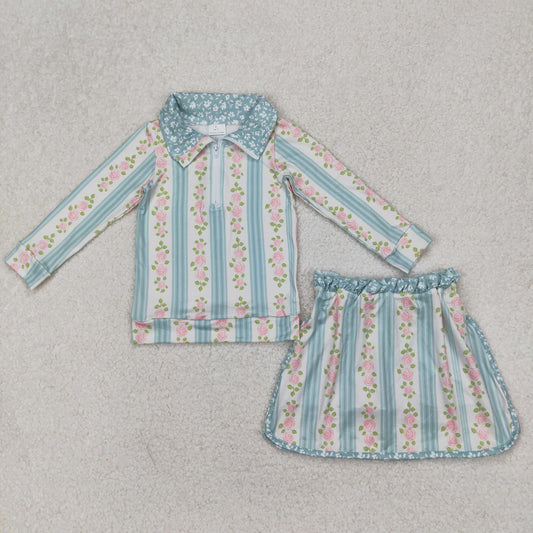 GLD1001 Flowers Stripes Zipper Top Skirts Shorts Gilrs Sports Clothes Set