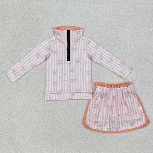 GLD1004 Pink Bows Long Sleeve Zip Top Skirts Shorts Girls Clothes Set