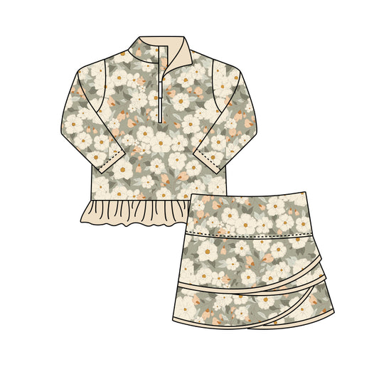 (Pre-order)GLD1008 Grey Flowers Long Sleeve Zip Top Skirts Girls Clothes Set