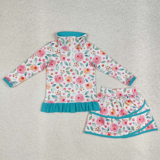 GLD1009 Pink Blue Flowers Long Sleeve Zip Top Skirts Girls Clothes Set