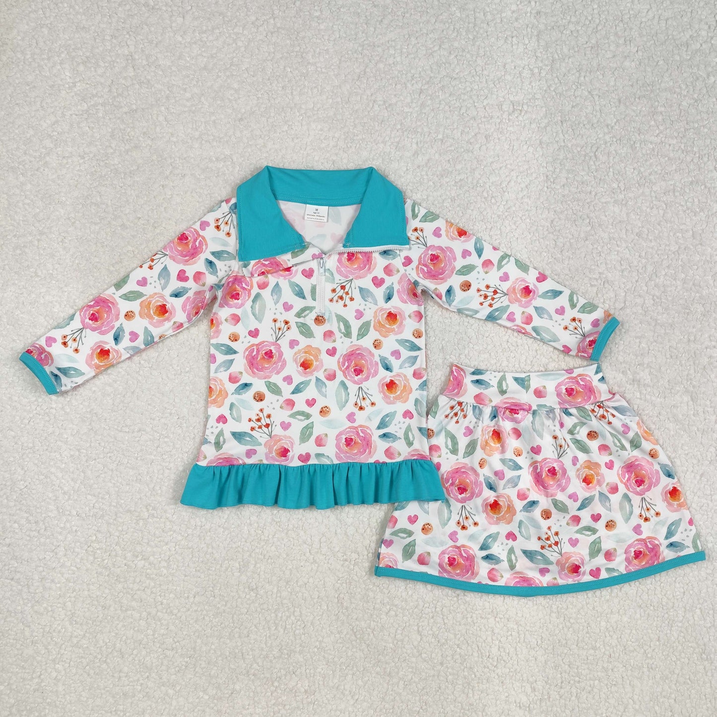 GLD1009 Pink Blue Flowers Long Sleeve Zip Top Skirts Girls Clothes Set