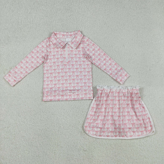 GLD1014 Pink Bows Plaid Long Sleeve Zipper Top Skirts Shorts Girls Clothes Set