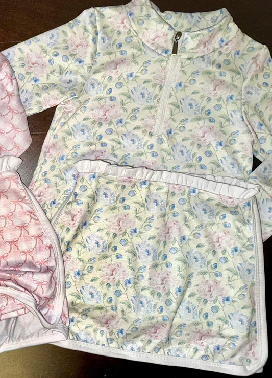 (Pre-order)GLD1015 Pink Blue Flowers Long Sleeve Zip Top Skirts Shorts Girls Clothes Set