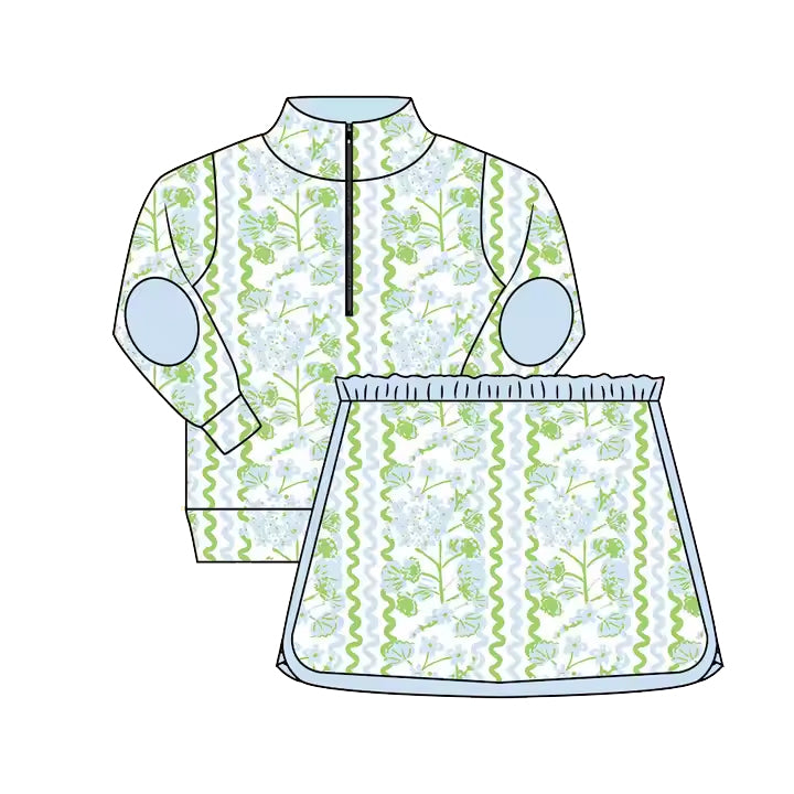 (Pre-order)GLD1017 Blue Green Flowers Long Sleeve Zip Top Skirts Shorts Girls Clothes Set