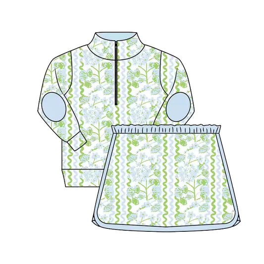 (Pre-order)GLD1017 Blue Green Flowers Long Sleeve Zip Top Skirts Shorts Girls Clothes Set