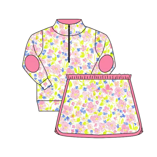 (Pre-order)GLD1018 Pink Flowers Long Sleeve Zip Top Skirts Shorts Girls Clothes Set