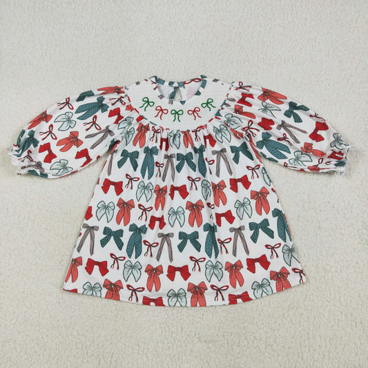 GLD1028  Red Green Bows Embroidery Girls Christmas Knee Length Smocked Dress
