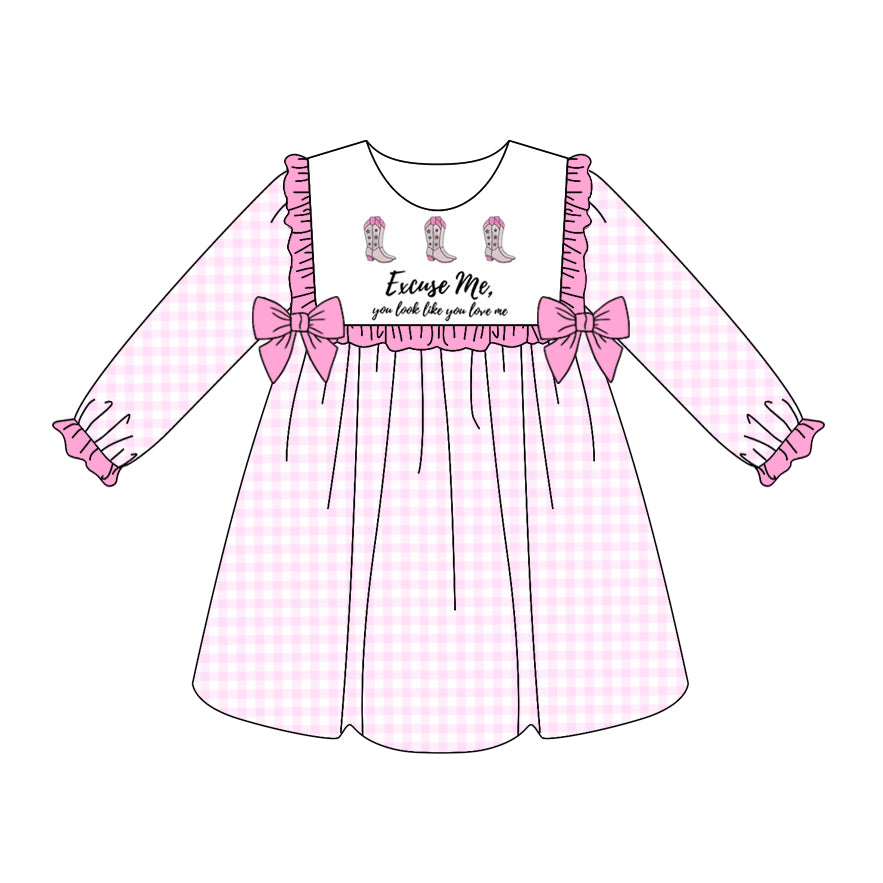 (Pre-order)GLD1031  Boots Pink Plaid Print Girls Long Sleeve Western Knee Length Dress