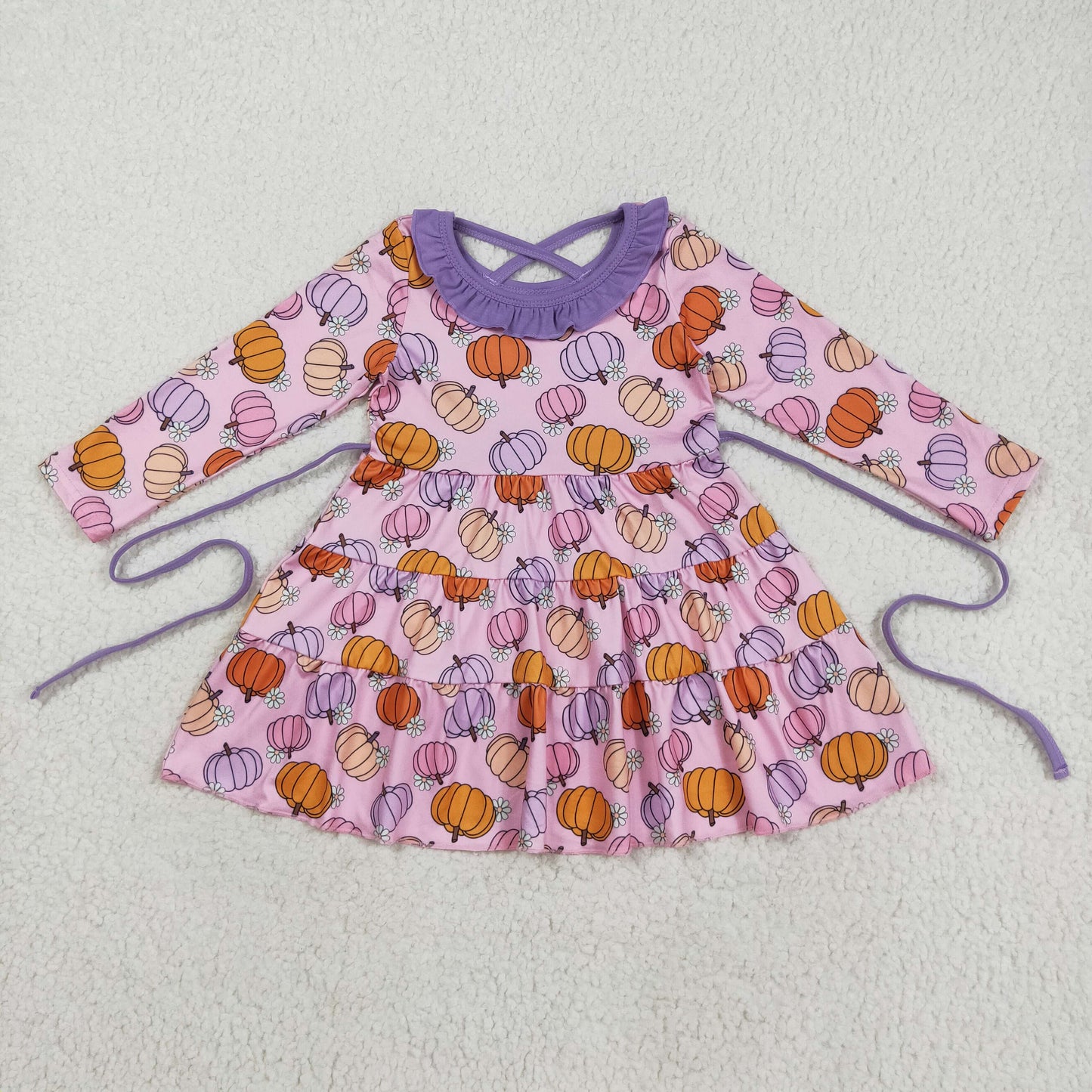 GLD1032  Pumpkin Flowers Print Girls Fall Knee Length Dress