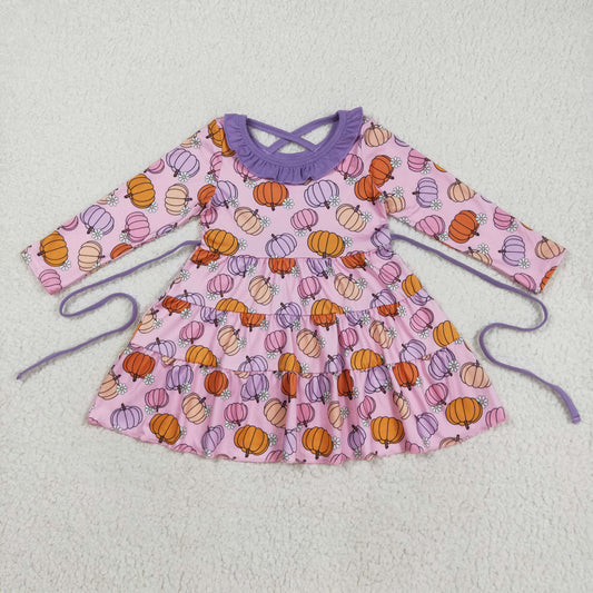 GLD1032  Pumpkin Flowers Print Girls Fall Knee Length Dress