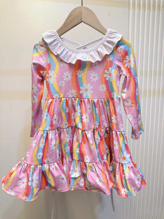 (Pre-order)GLD1033  Rainbow Flowers Print Girls Knee Length Dress
